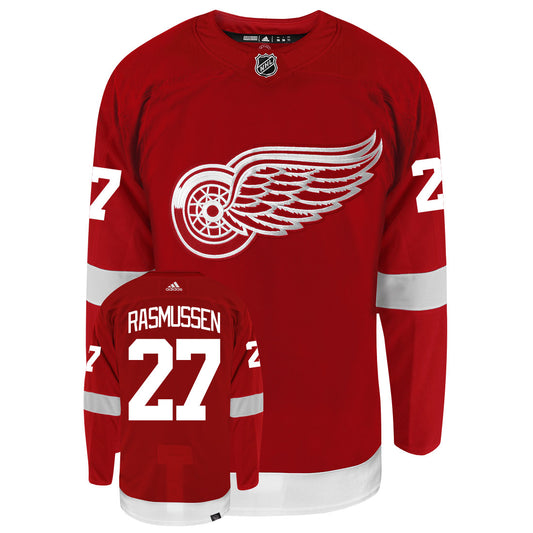 Michael Rasmussen Detroit Red Wings Adidas Primegreen Authentic Home NHL Hockey Jersey - Front/Back View