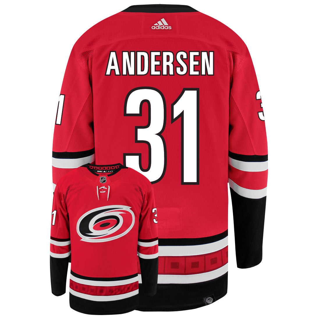 Frederik Andersen Carolina Hurricanes Adidas Primegreen Authentic Home NHL Hockey Jersey - Back/Front View