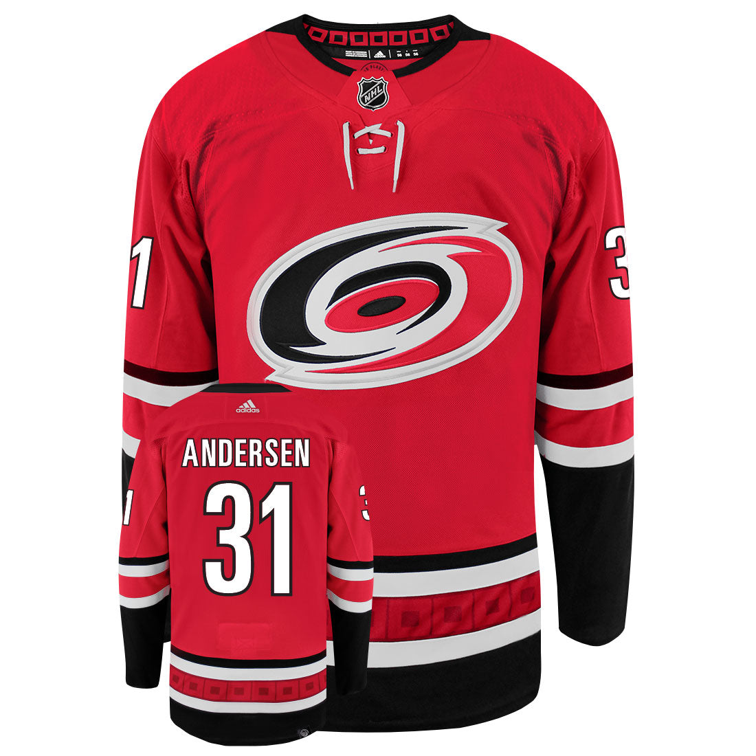 Frederik Andersen Carolina Hurricanes Adidas Primegreen Authentic Home NHL Hockey Jersey - Front/Back View