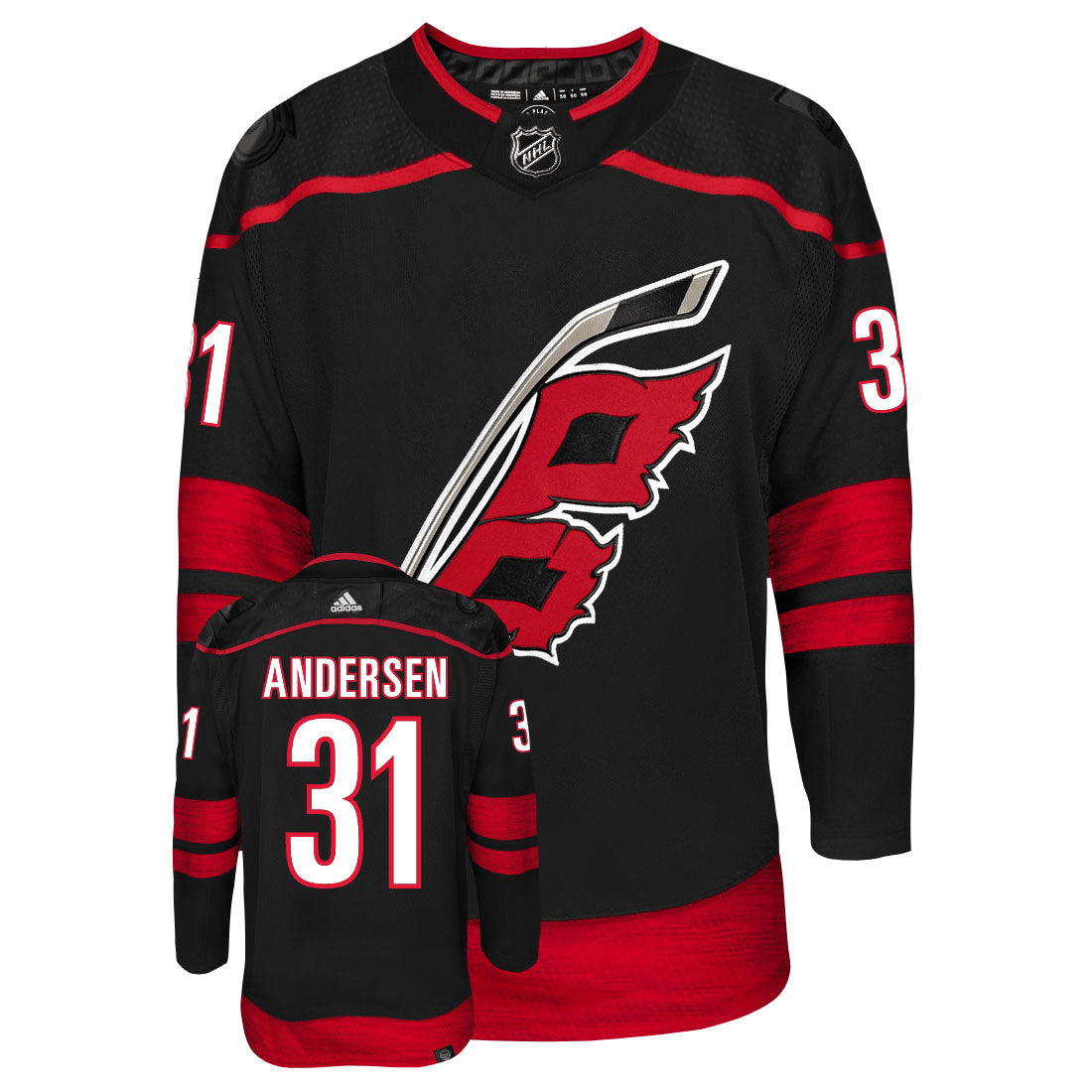 Frederik Andersen Carolina Hurricanes Adidas Primegreen Authentic Third Alternate NHL Hockey Jersey - Front/Back View