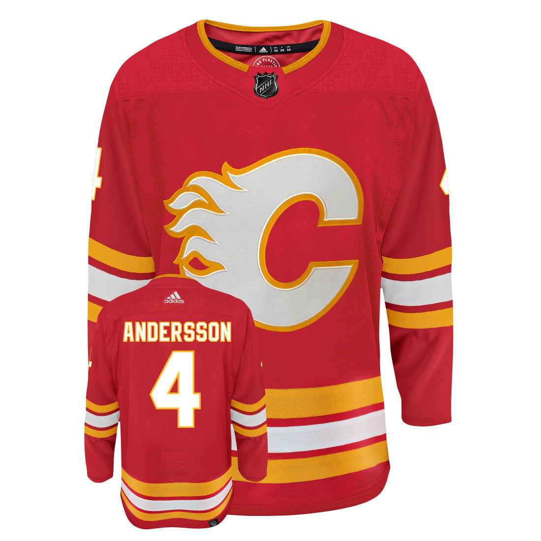 Rasmus Andersson Calgary Flames Adidas Primegreen Authentic Home NHL Hockey Jersey - Front/Back View