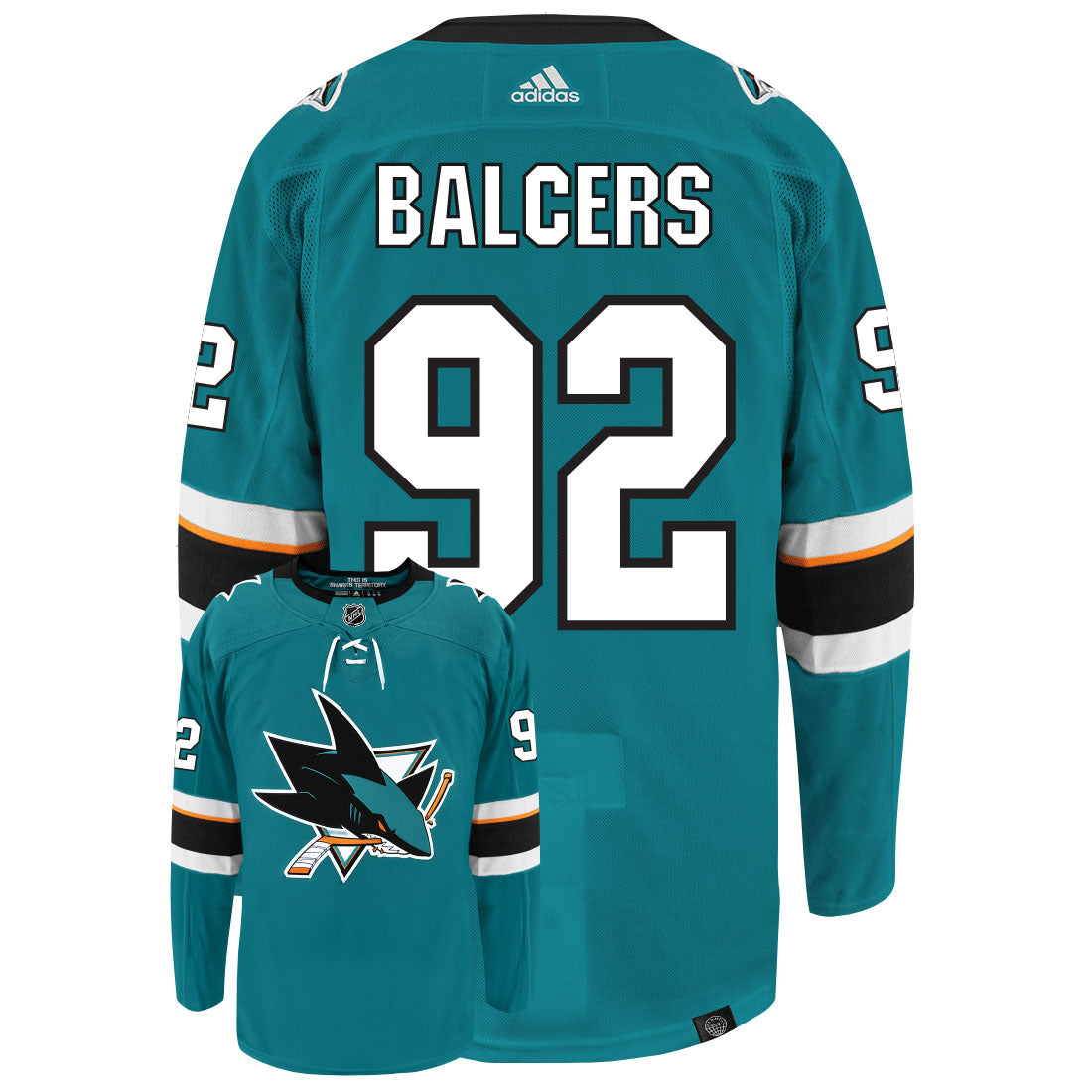 Rudolfs Balcers San Jose Sharks Adidas Primegreen Authentic Home NHL Hockey Jersey - Back/Front View