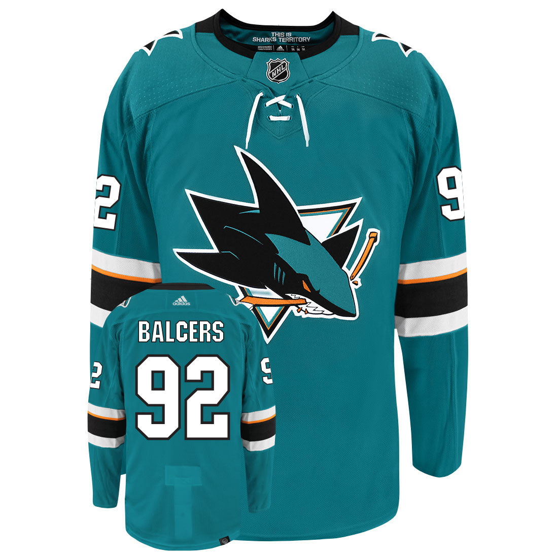 Rudolfs Balcers San Jose Sharks Adidas Primegreen Authentic Home NHL Hockey Jersey - Front/Back View