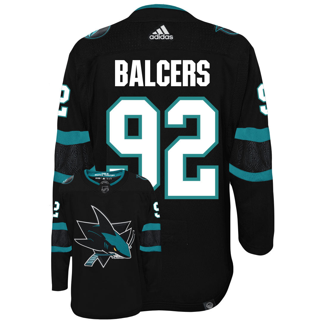 Rudolfs Balcers San Jose Sharks Adidas Primegreen Authentic Third Alternate NHL Hockey Jersey - Back/Front View