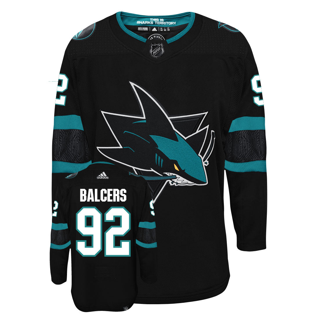 Rudolfs Balcers San Jose Sharks Adidas Primegreen Authentic Third Alternate NHL Hockey Jersey - Front/Back View