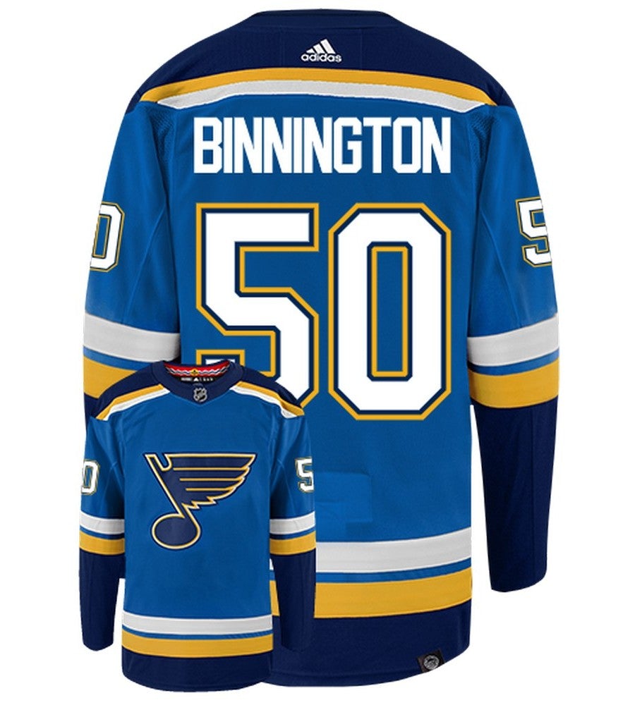 Jordan Binnington St Louis Blues Adidas Primegreen Authentic Home NHL Hockey Jersey - Back/Front View