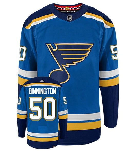 Jordan Binnington St Louis Blues Adidas Primegreen Authentic Home NHL Hockey Jersey - Front/Back View