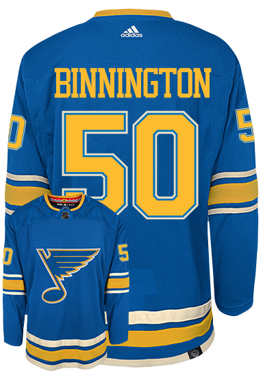 Jordan Binnington St Louis Blues Adidas Primegreen Authentic Third Alternate NHL Hockey Jersey - Back/Front View