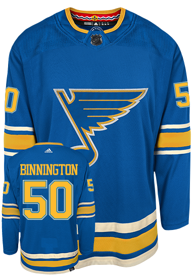 Jordan Binnington St Louis Blues Adidas Primegreen Authentic Third Alternate NHL Hockey Jersey - Front/Back View