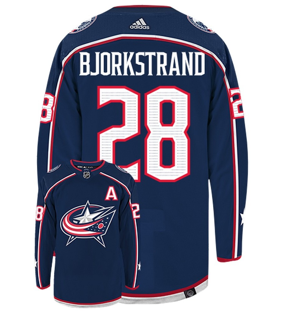Oliver Bjorkstrand Columbus Blue Jackets Adidas Primegreen Authentic Home NHL Hockey Jersey - Back/Front View