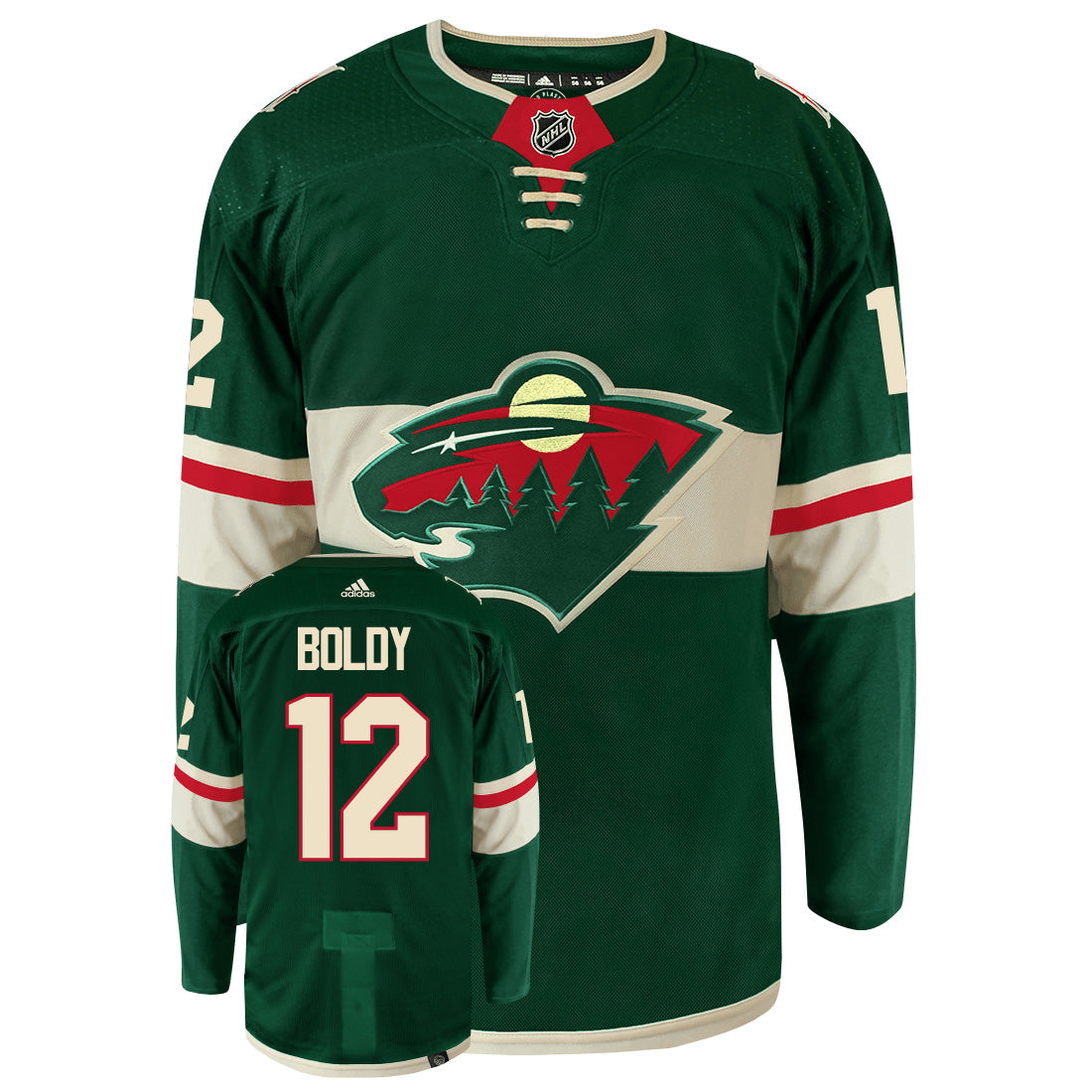 Matt Boldy Minnesota Wild Adidas Primegreen Authentic NHL Hockey Jersey - Front/Back View