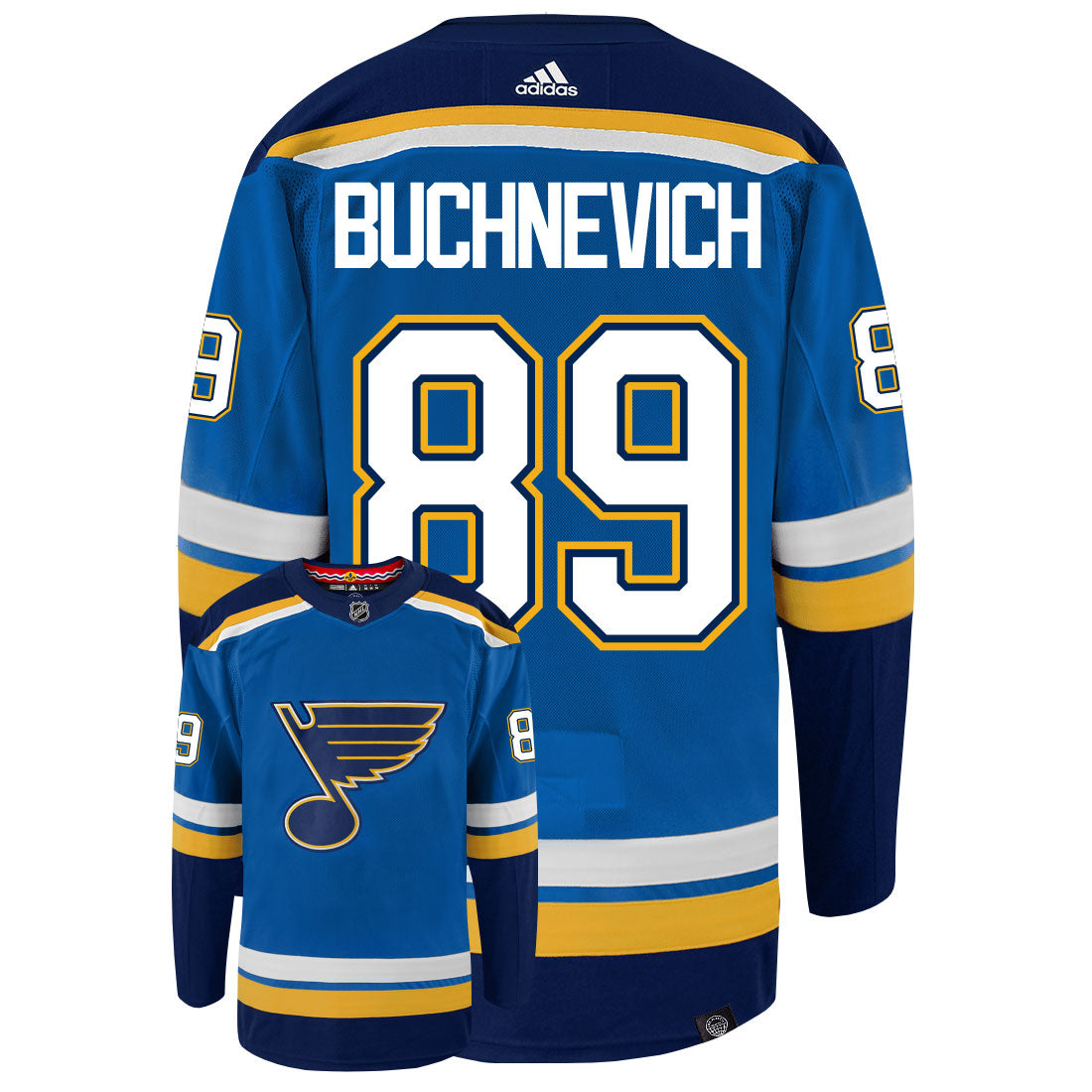 Pavel Buchnevich St Louis Blues Adidas Primegreen Authentic Home NHL Hockey Jersey - Back/Front View