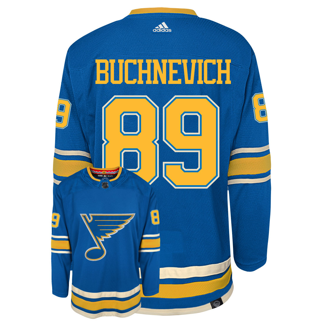 Pavel Buchnevich St Louis Blues Adidas Primegreen Authentic Third Alternate NHL Hockey Jersey - Back/Front View