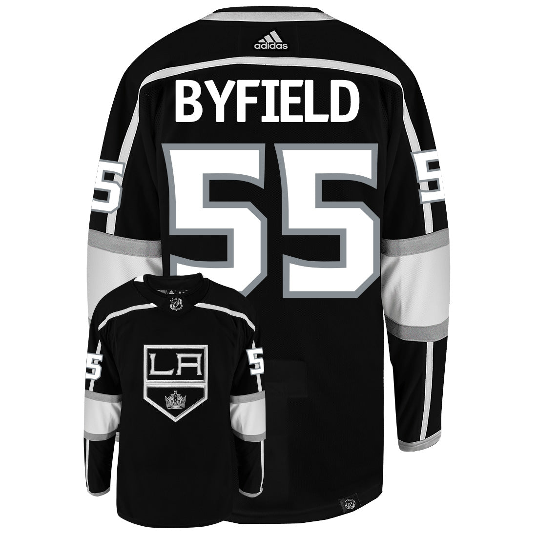 Quinton Byfield Los Angeles Kings Adidas Primegreen Authentic Home NHL Hockey Jersey - Back/Front View