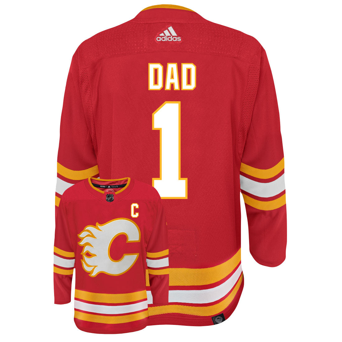 Calgary Flames Dad Number One Adidas Primegreen Authentic NHL Hockey Jersey - Back/Front View