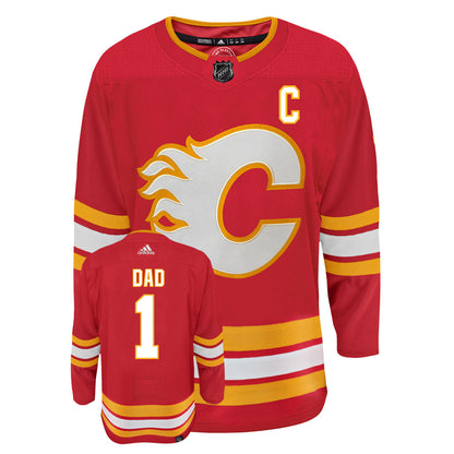 Calgary Flames Dad Number One Adidas Primegreen Authentic NHL Hockey Jersey - Front/Back View