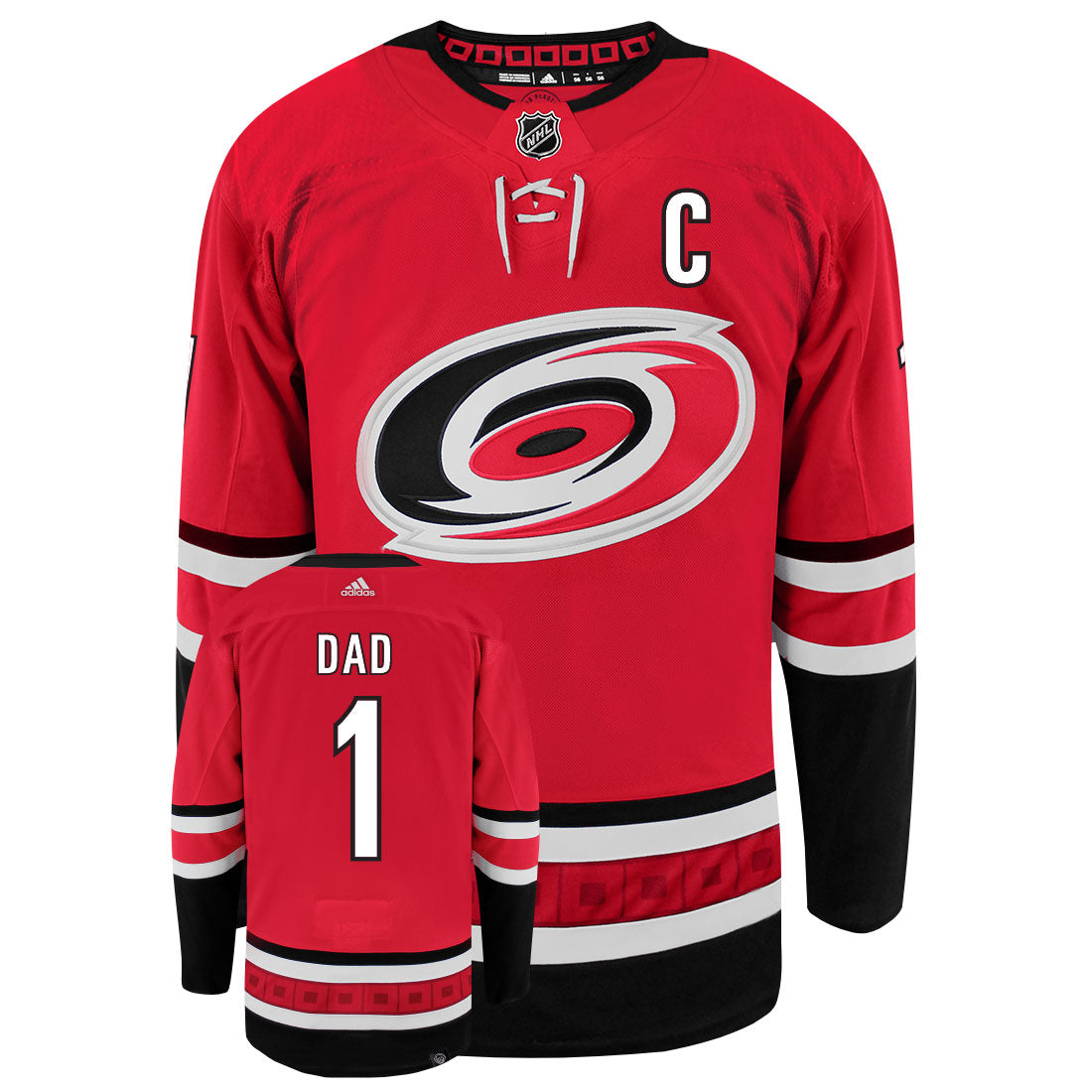 Carolina Hurricanes Dad Number One Adidas Primegreen Authentic NHL Hockey Jersey - Front/Back View