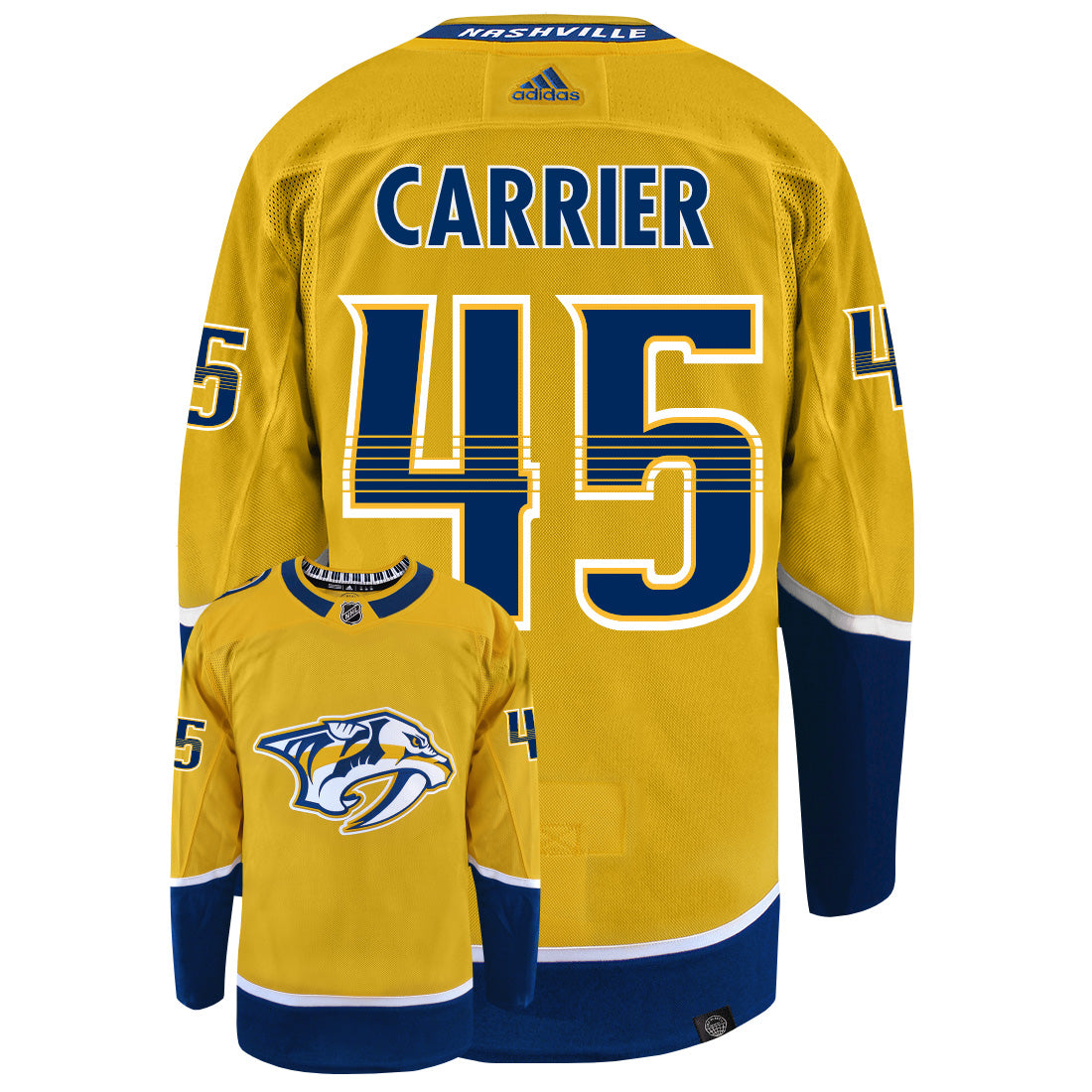 Alexandre Carrier Nashville Predators Adidas Primegreen Authentic NHL Hockey Jersey - Back/Front View