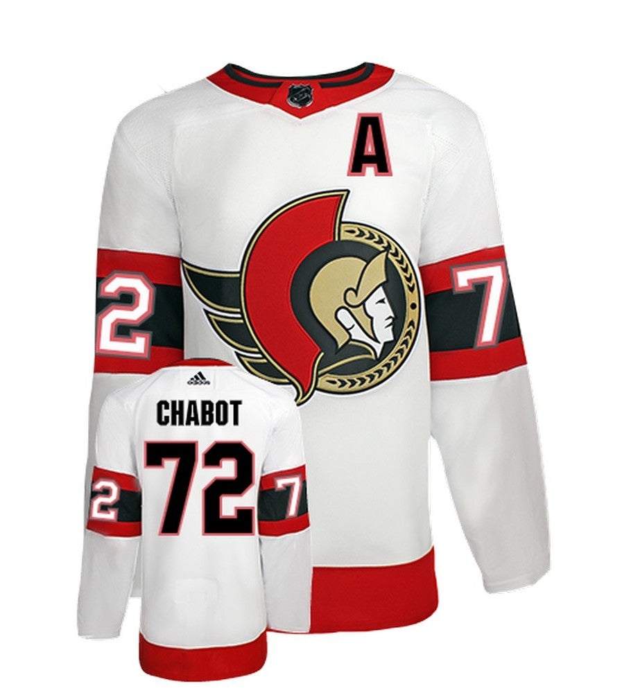 Thomas Chabot Ottawa Senators Adidas Primegreen Authentic Away NHL Hockey Jersey - Front/Back View