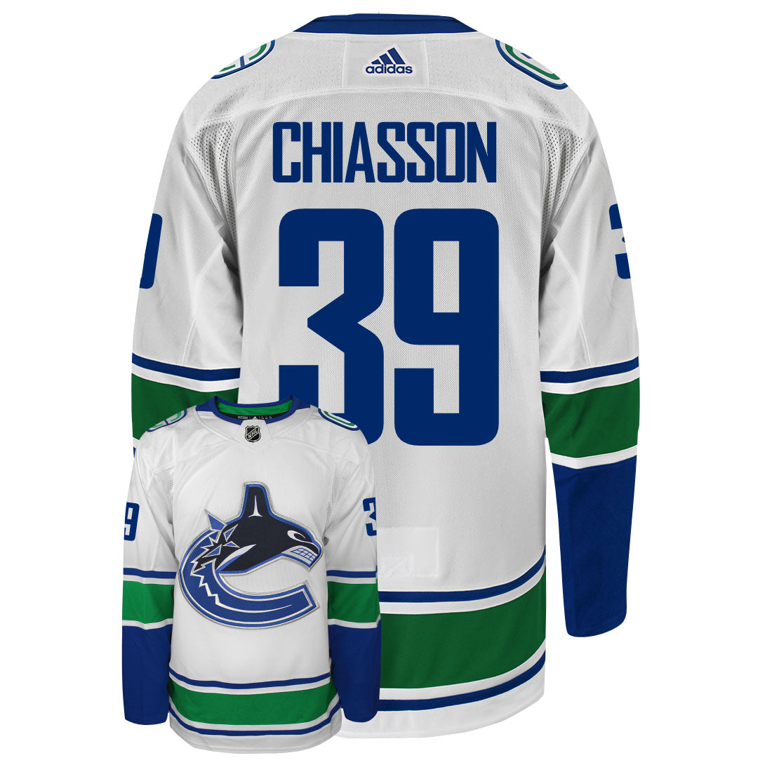 Alex Chiasson Vancouver Canucks Adidas Primegreen Authentic Away NHL Hockey Jersey - Back/Front View
