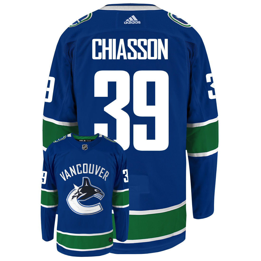 Alex Chiasson Vancouver Canucks Adidas Primegreen Authentic Home NHL Hockey Jersey - Back/Front View
