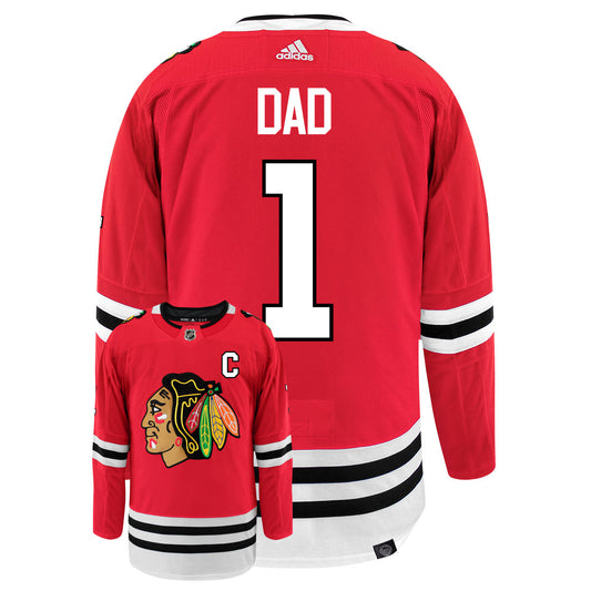 Chicago Blackhawks Dad Number One Adidas Primegreen Authentic NHL Hockey Jersey - Back/Front View