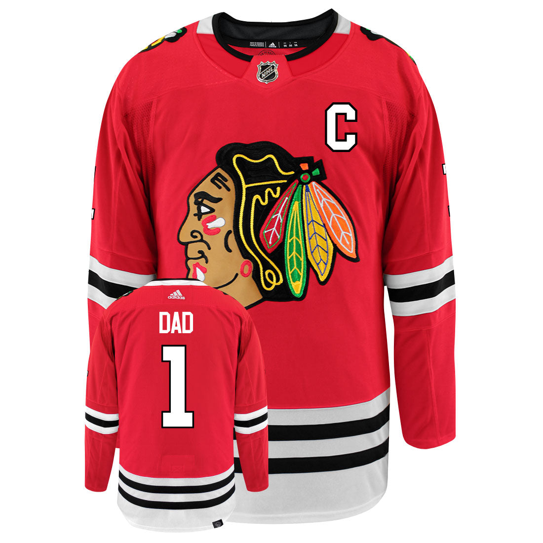 Chicago Blackhawks Dad Number One Adidas Primegreen Authentic NHL Hockey Jersey - Front/Back View