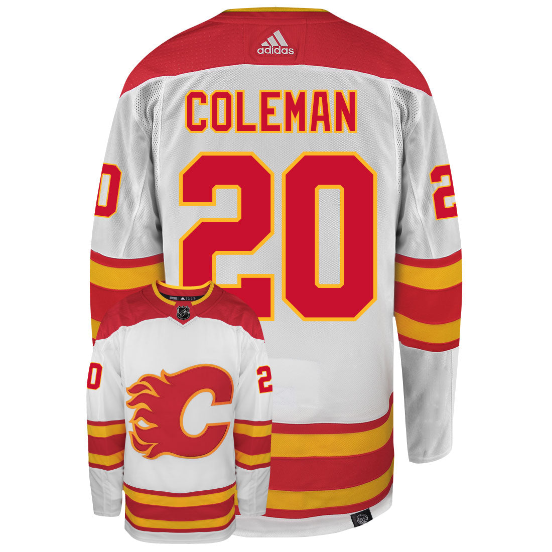 Blake Coleman Calgary Flames Adidas Primegreen Authentic Away NHL Hockey Jersey - Back/Front View