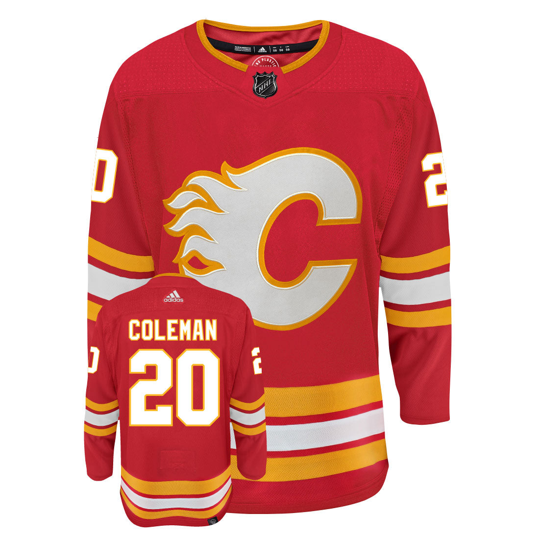 Blake Coleman Calgary Flames Adidas Primegreen Authentic Home NHL Hockey Jersey - Front/Back View