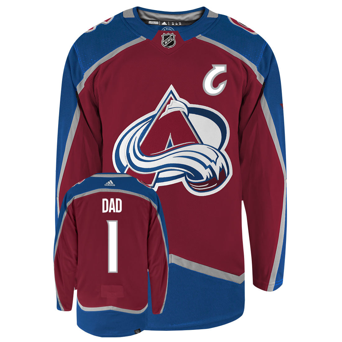 Colorado Avalanche Dad Number One Adidas Primegreen Authentic NHL Hockey Jersey - Front/Back View