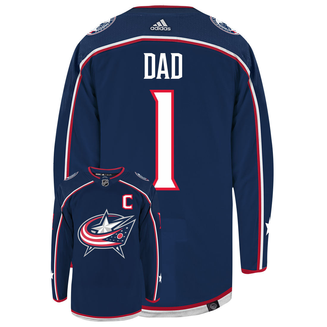 Columbus Blue Jacket Dad Number One Adidas Primegreen Authentic NHL Hockey Jersey - Back/Front View