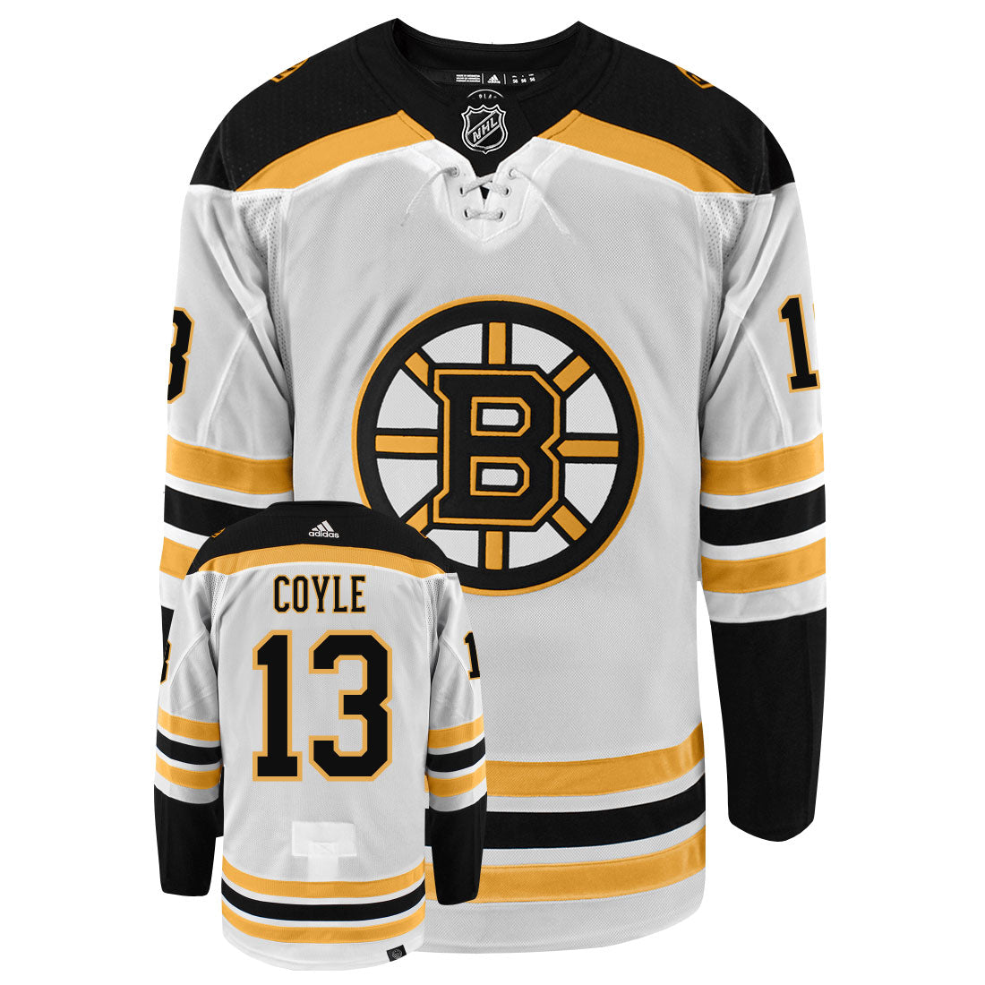 Charlie Coyle Boston Bruins Adidas Primegreen Authentic Away NHL Hockey Jersey - Front/Back View