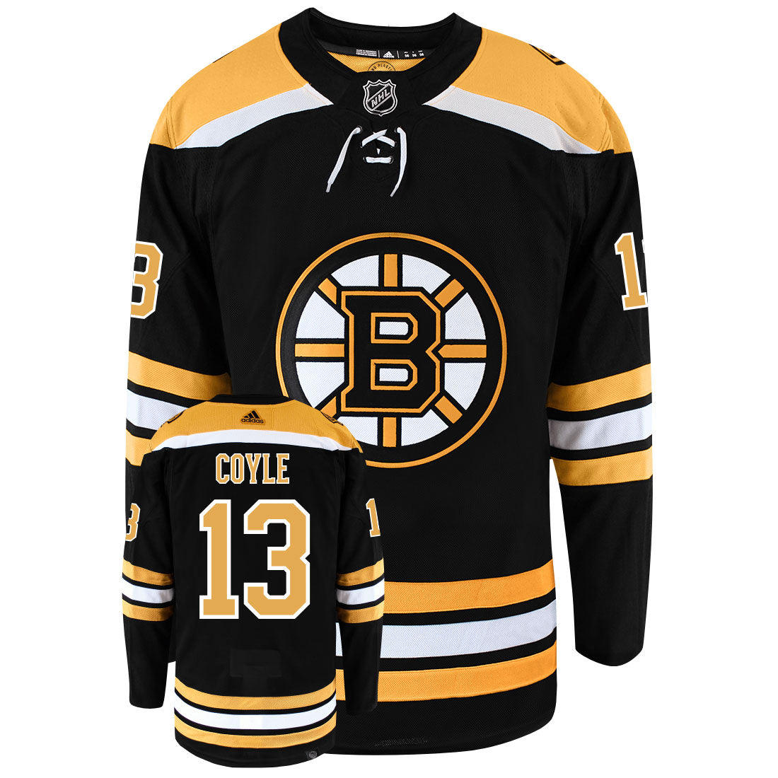 Charlie Coyle Boston Bruins Adidas Primegreen Authentic Home NHL Hockey Jersey - Front/Back View