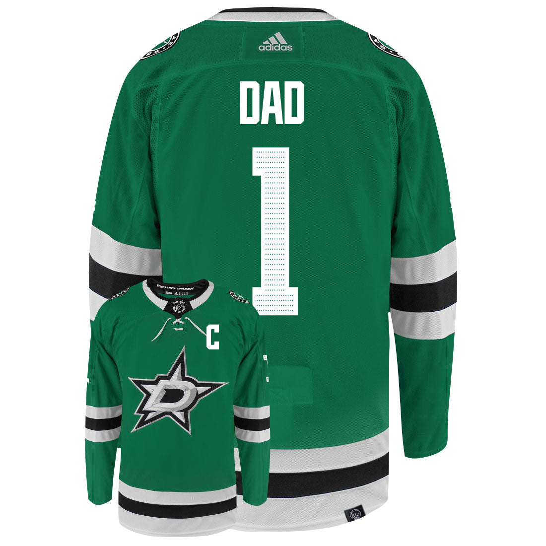 Dallas Stars Dad Number One Adidas Primegreen Authentic NHL Hockey Jersey - Back/Front View