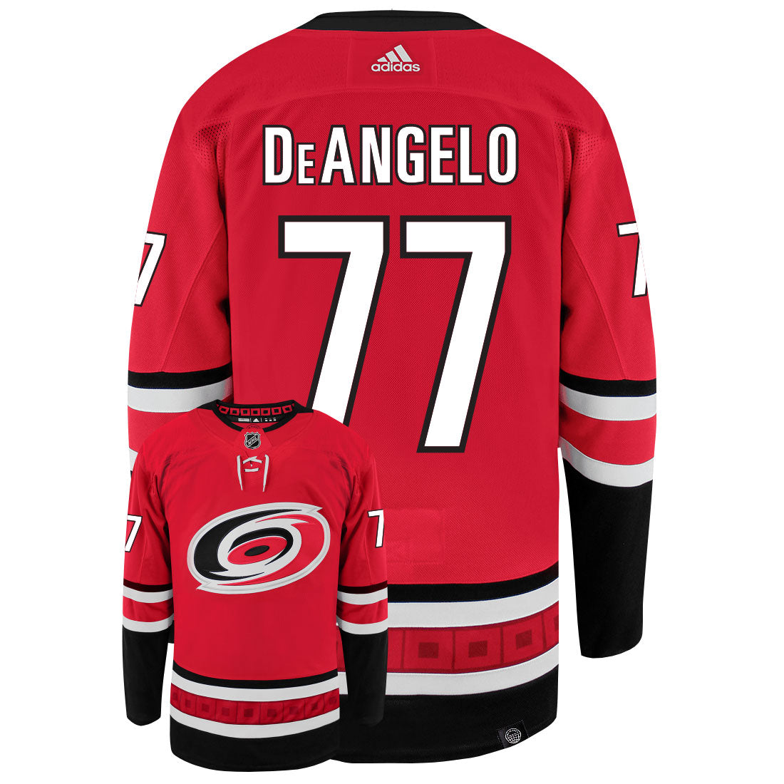 Tony DeAngelo Carolina Hurricanes Adidas Primegreen Authentic Home NHL Hockey Jersey - Back/Front View