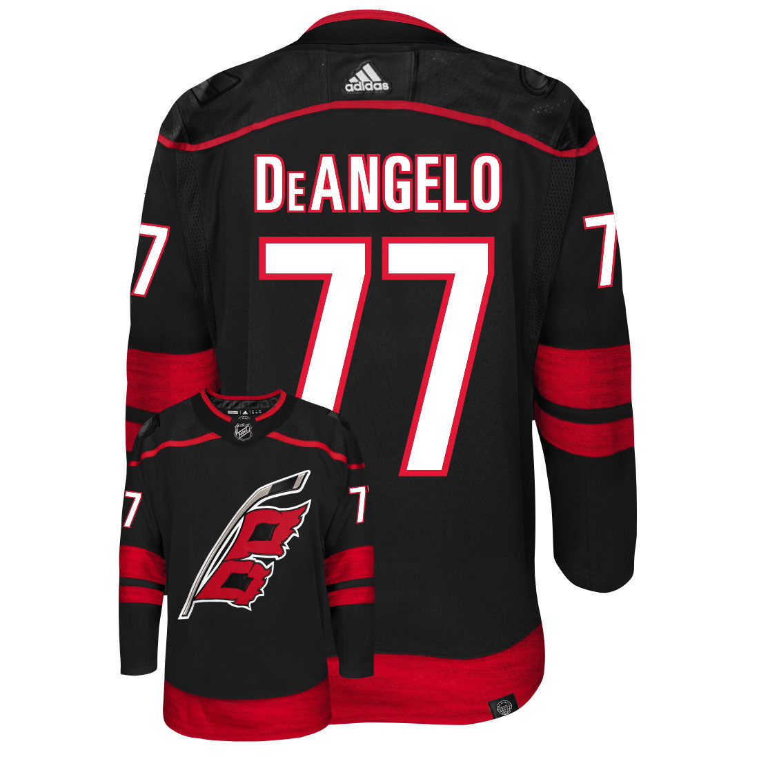 Tony DeAngelo Carolina Hurricanes Adidas Primegreen Authentic Third Alternate NHL Hockey Jersey - Back/Front View