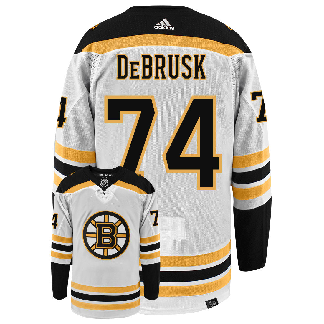 Jake DeBrusk Boston Bruins Adidas Primegreen Authentic Away NHL Hockey Jersey - Back/Front View