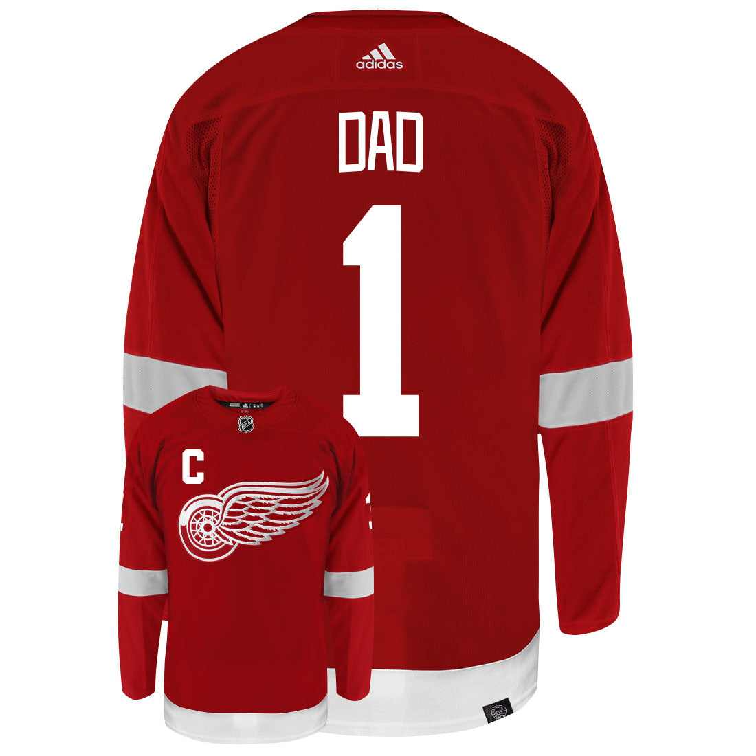 Detroit Red Wings Dad Number One Adidas Primegreen Authentic NHL Hockey Jersey - Back/Front View