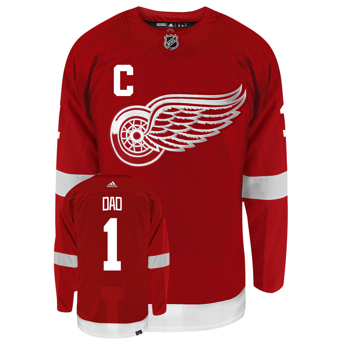 Detroit Red Wings Dad Number One Adidas Primegreen Authentic NHL Hockey Jersey - Front/Back View