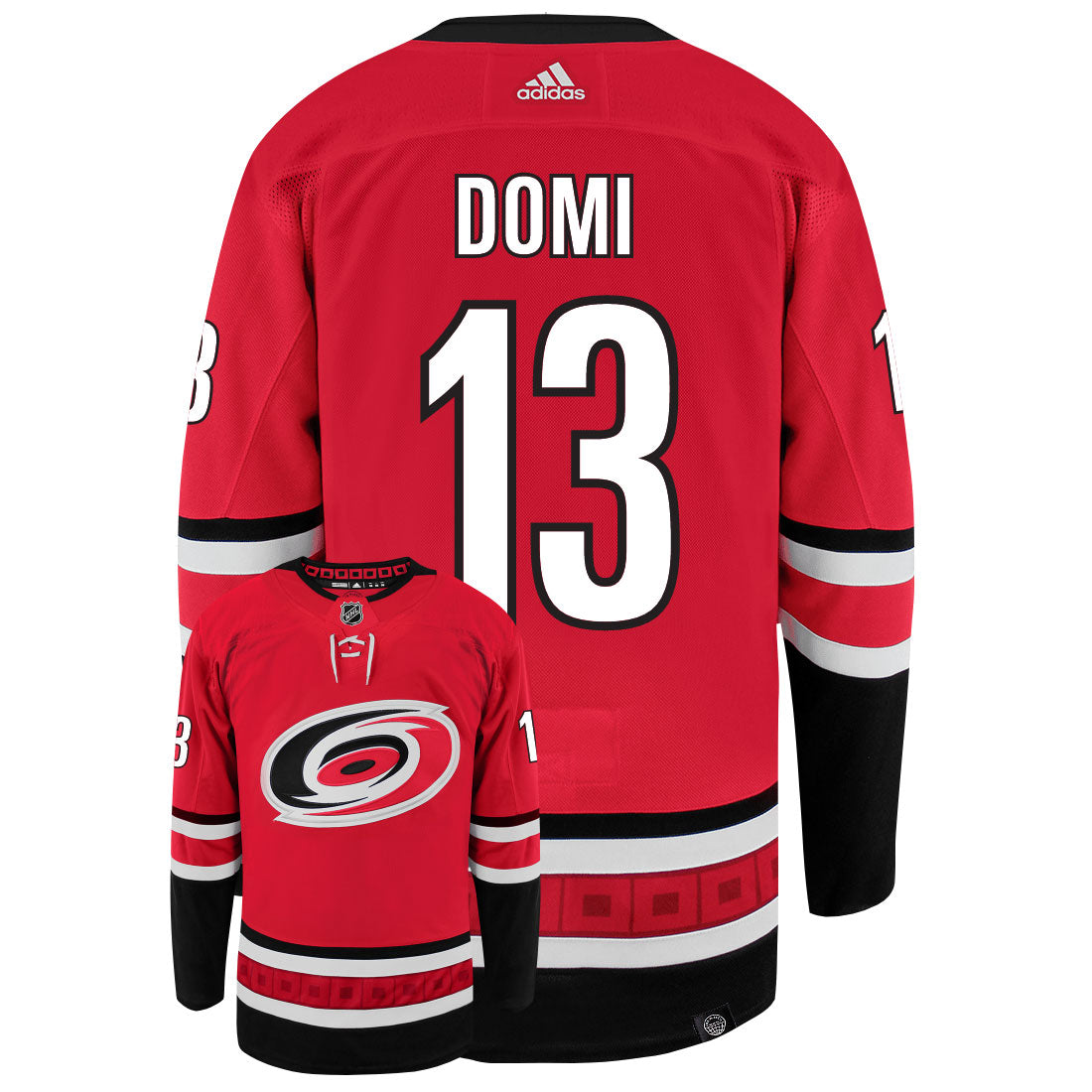 Max Domi Carolina Hurricanes Adidas Primegreen Authentic Home NHL Hockey Jersey - Back/Front View