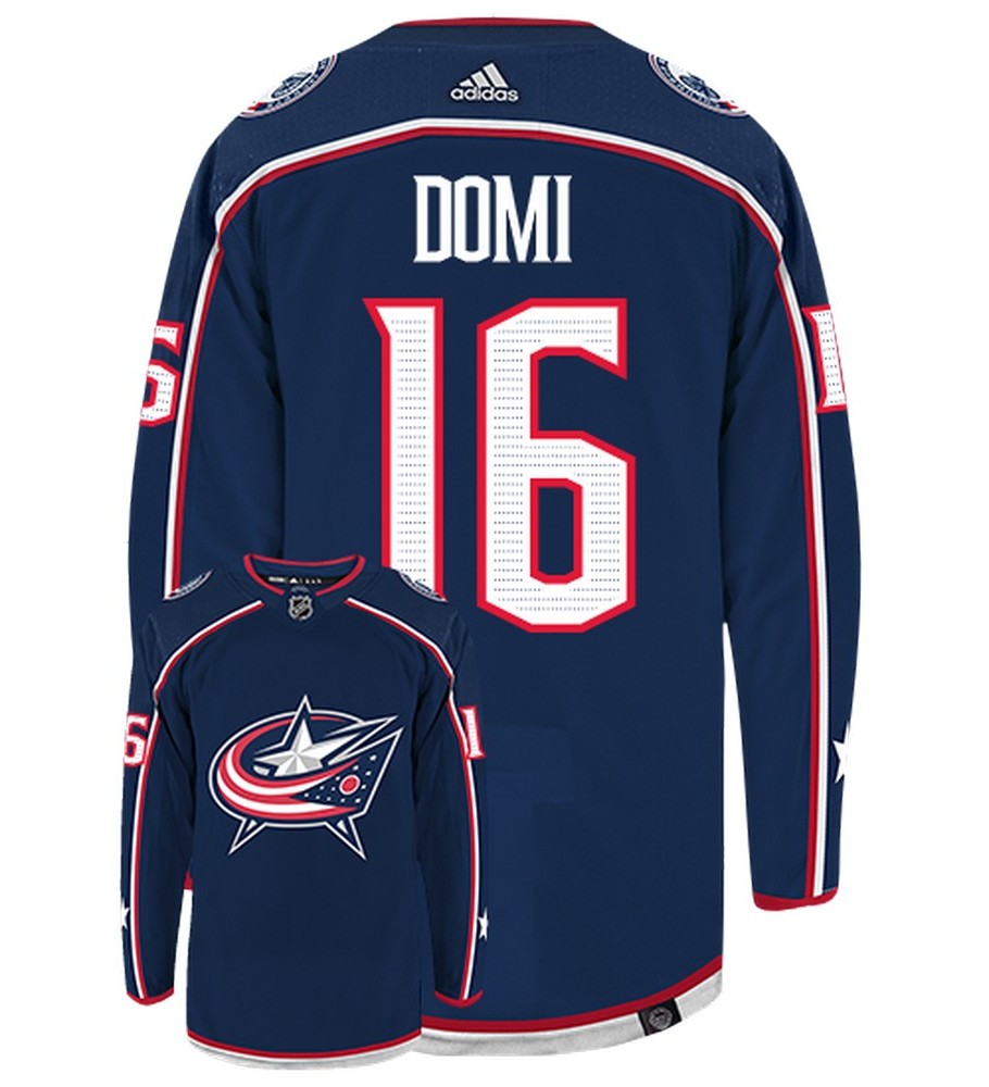 Max Domi Columbus Blue Jackets Adidas Primegreen Authentic Home NHL Hockey Jersey - Back/Front View