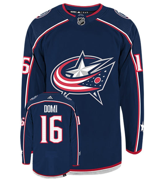 Max Domi Columbus Blue Jackets Adidas Primegreen Authentic Home NHL Hockey Jersey - Front/Back View