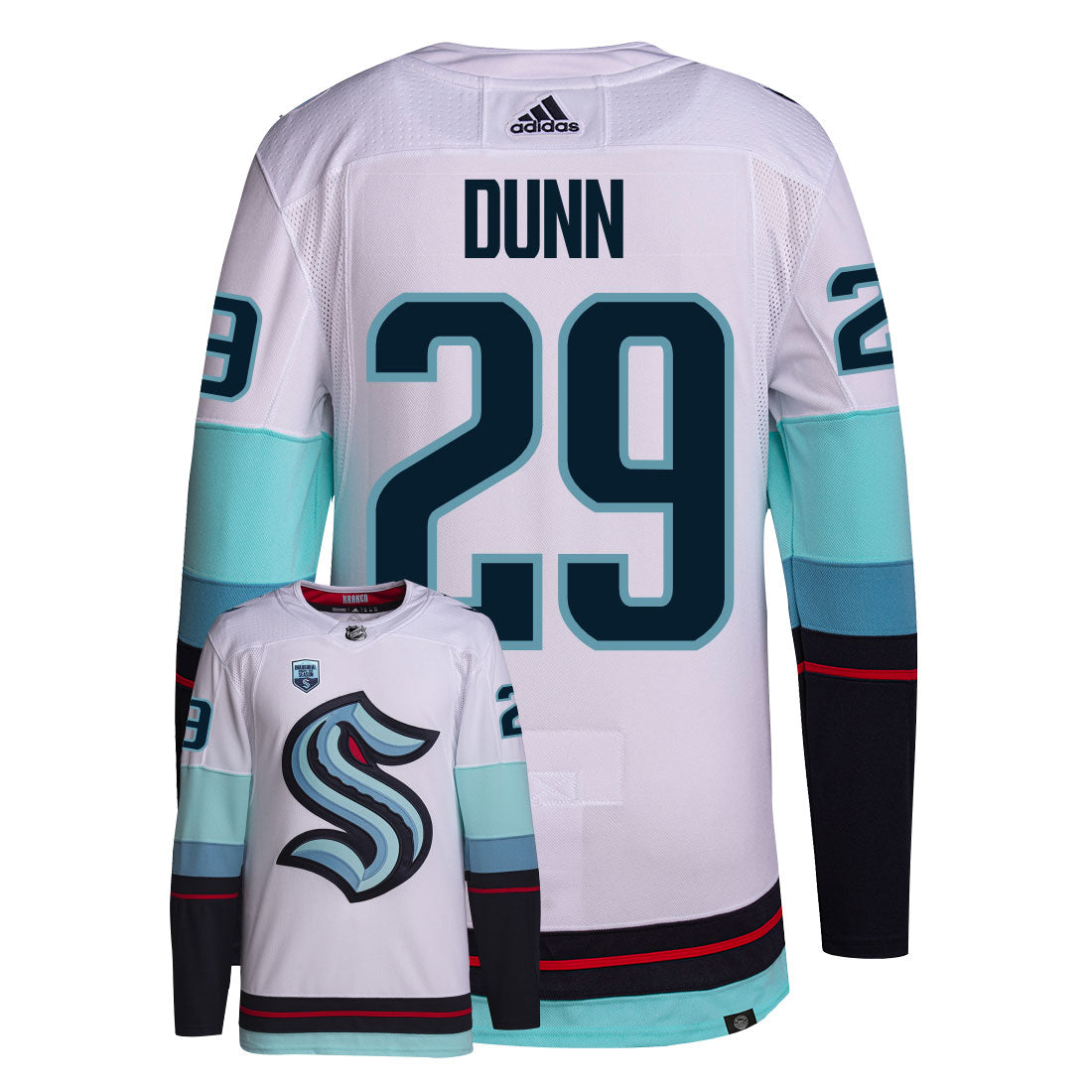 Vince Dunn Seattle Kraken Adidas Primegreen Authentic Away NHL Hockey Jersey - Back/Front View