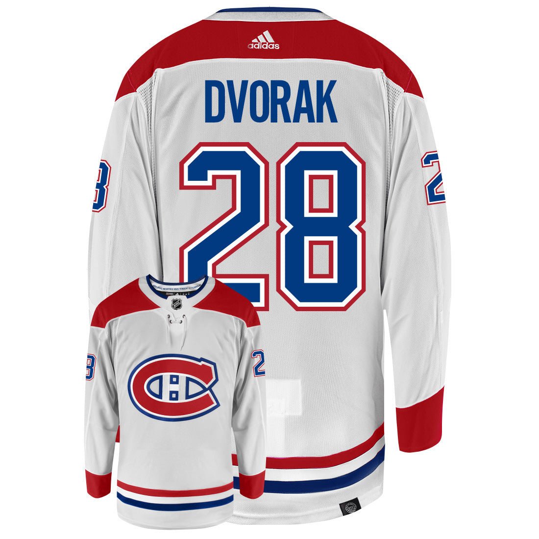 Christian Dvorak Montreal Canadiens Adidas Primegreen Authentic Away NHL Hockey Jersey - Back/Front View