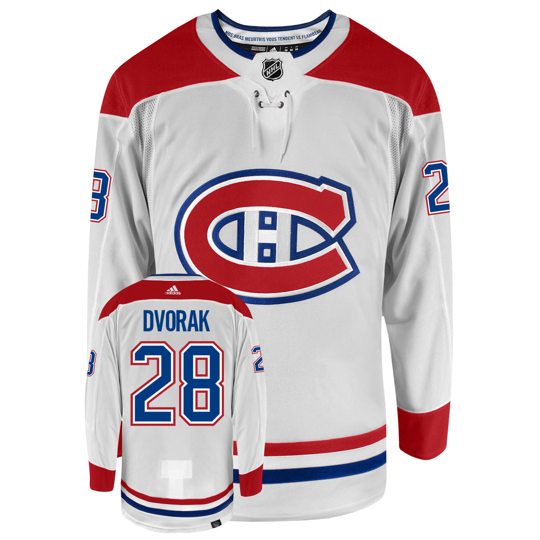 Christian Dvorak Montreal Canadiens Adidas Primegreen Authentic Away NHL Hockey Jersey - Front/Back View