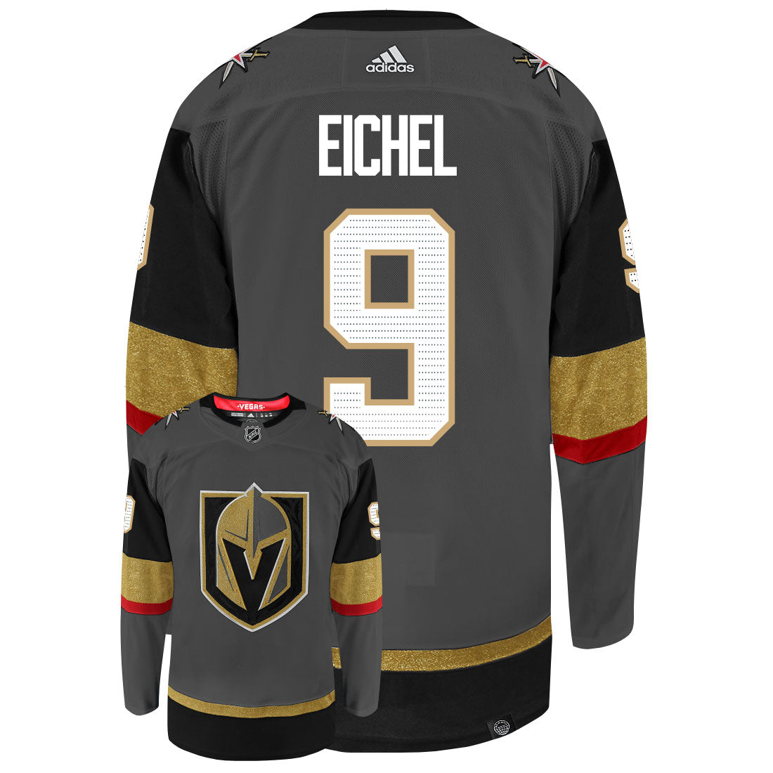 Jack Eichel Vegas Golden Knights Adidas Primegreen Authentic Home NHL Hockey Jersey - Back/Front View