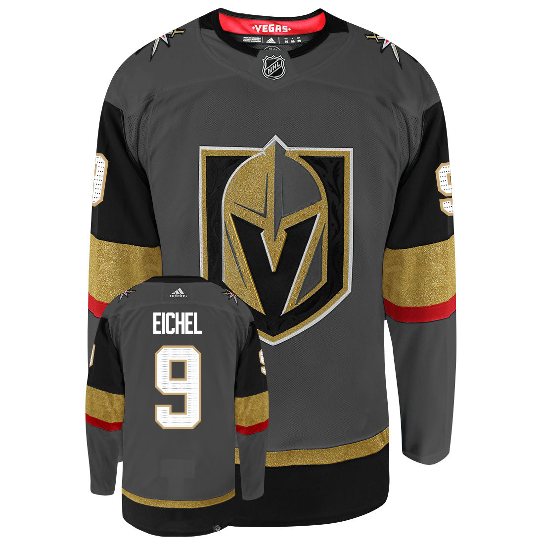 Jack Eichel Vegas Golden Knights Adidas Primegreen Authentic Home NHL Hockey Jersey - Front/Back View