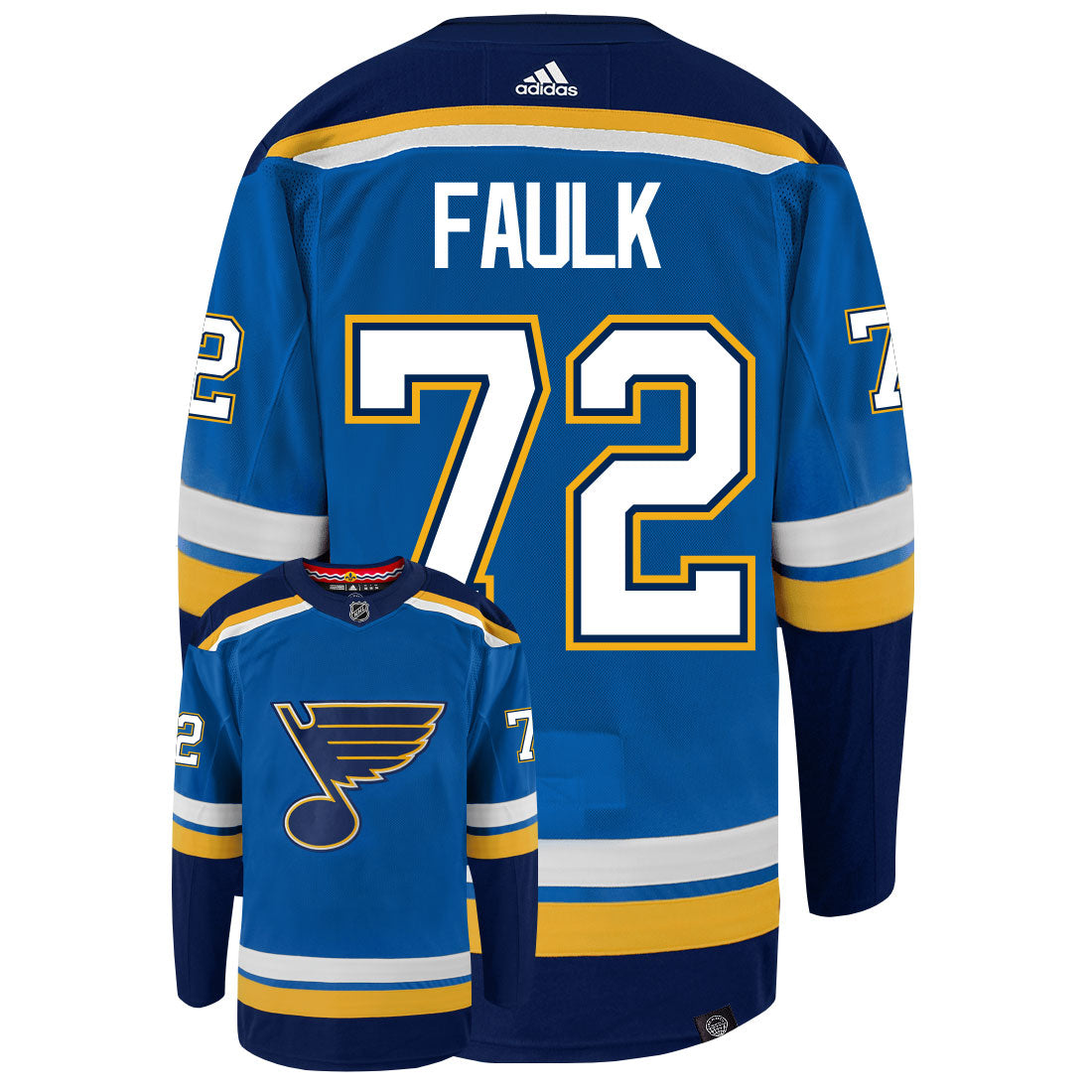 Justin Faulk St Louis Blues Adidas Primegreen Authentic Home NHL Hockey Jersey - Back/Front View