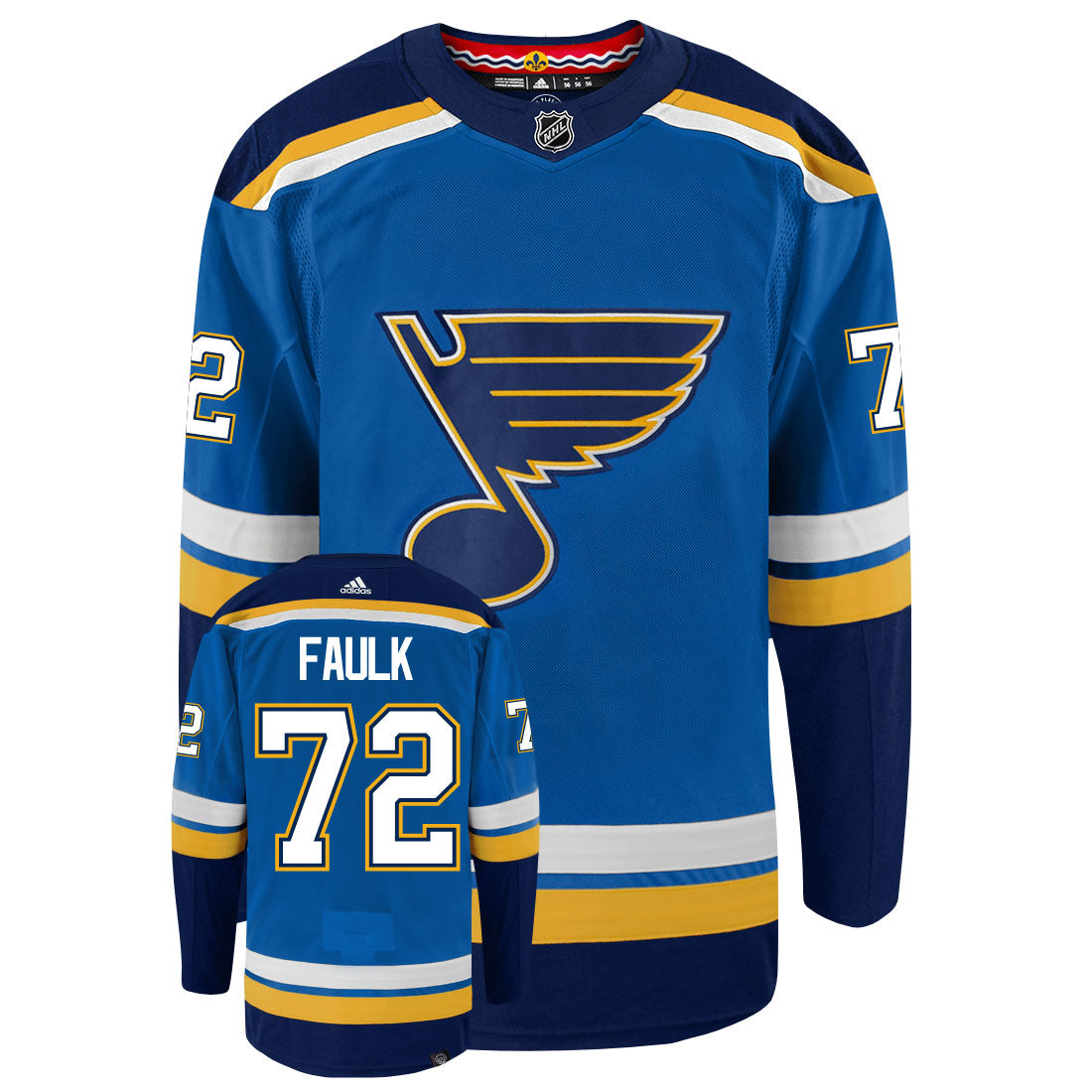 Justin Faulk St Louis Blues Adidas Primegreen Authentic Home NHL Hockey Jersey - Front/Back View