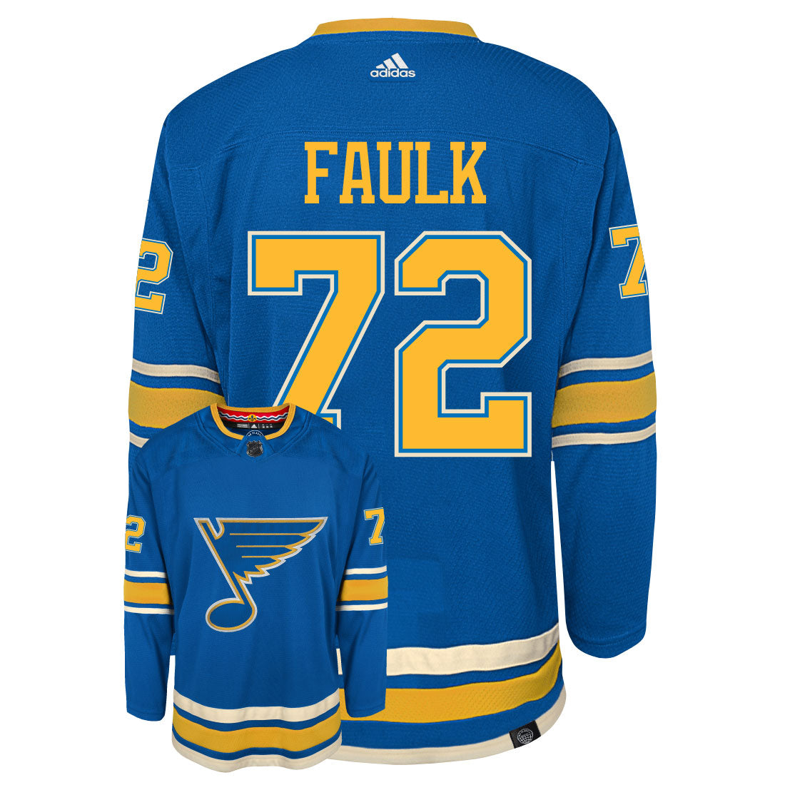 Justin Faulk St Louis Blues Adidas Primegreen Authentic Third Alternate NHL Hockey Jersey - Back/Front View